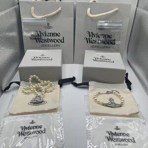 Vivienne Westwood Silver Pearl Orb Necklace & Bracelet Set w/ Box